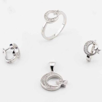 925 Ayar Gümüş Zirkon Taşlı Ay Yıldız Bayan Set