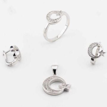 925 Ayar Gümüş Zirkon Taşlı Ay Yıldız Bayan Set