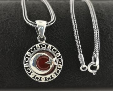 Özel Ay Yıldız Tasarımlı 925 Ayar Gümüş Kolye 60 CM