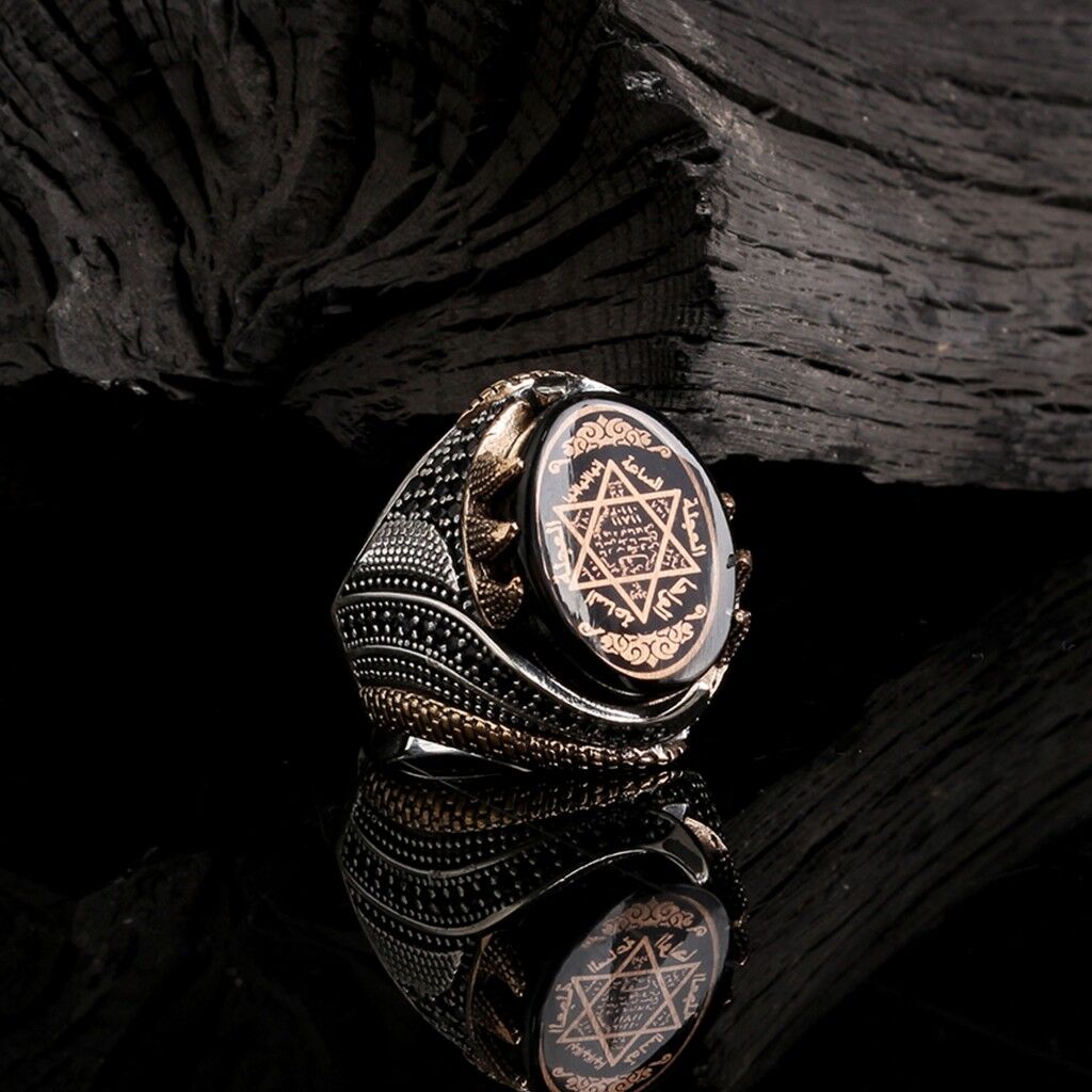 925 Ayar Gümüş Sıkma Kehribar Taşlı Hz Süleyman Mührü Model Yüzük