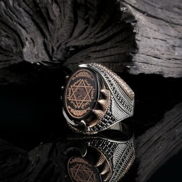 925 Ayar Gümüş Sıkma Kehribar Taşlı Hz Süleyman Mührü Model Yüzük