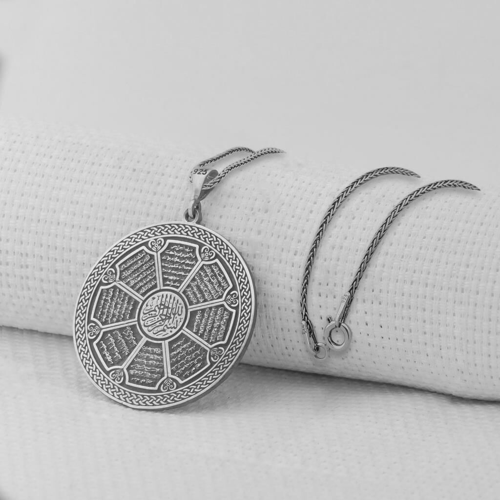 Fatiha İhlas Felak Yazılı 8 Dualı 925 Ayar Erkek Gümüş Kolye