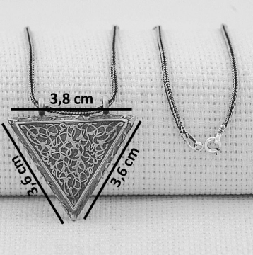 Desenli 925 Ayar Gümüş Üçgen Muska Kabı Orta Boy Kalın Zincirli