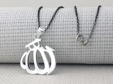 Allah Yazılı Büyük Boy Parlak 925 Ayar Gümüş Kadın Kolye