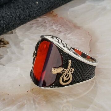 Osmanlı Tuğralı Kırmızı Taşlı Erkek Gümüş Yüzük