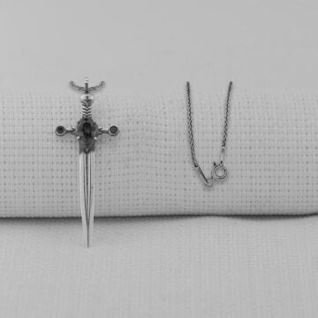 Siyah Zirkon Taşlı Şovalye Kılıcı 925 Ayar Erkek Gümüş Kolye