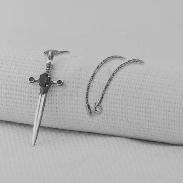 Siyah Zirkon Taşlı Şovalye Kılıcı 925 Ayar Erkek Gümüş Kolye