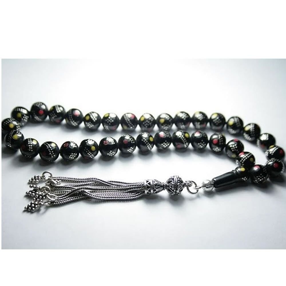 925 Ayar Gümüş Sarı Kırmızı İşlemeli Oltu Tesbih