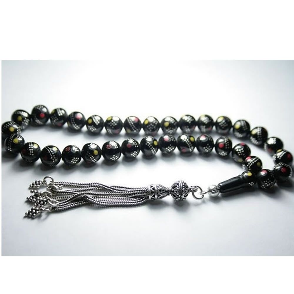 925 Ayar Gümüş Sarı Kırmızı İşlemeli Oltu Tesbih