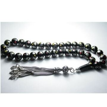 925 Ayar Gümüş Sarı Kırmızı İşlemeli Oltu Tesbih