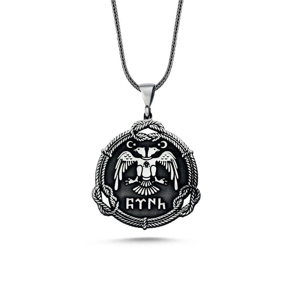 Çift Başlı Kartal Tasarımlı Göktürkçe Türk Yazılı 925 Ayar Gümüş Kolye 60 CM