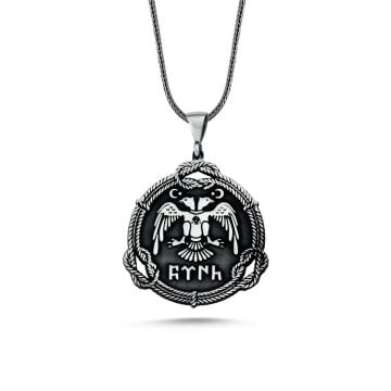 Çift Başlı Kartal Tasarımlı Göktürkçe Türk Yazılı 925 Ayar Gümüş Kolye 60 CM