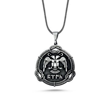 Çift Başlı Kartal Tasarımlı Göktürkçe Türk Yazılı 925 Ayar Gümüş Kolye 60 CM