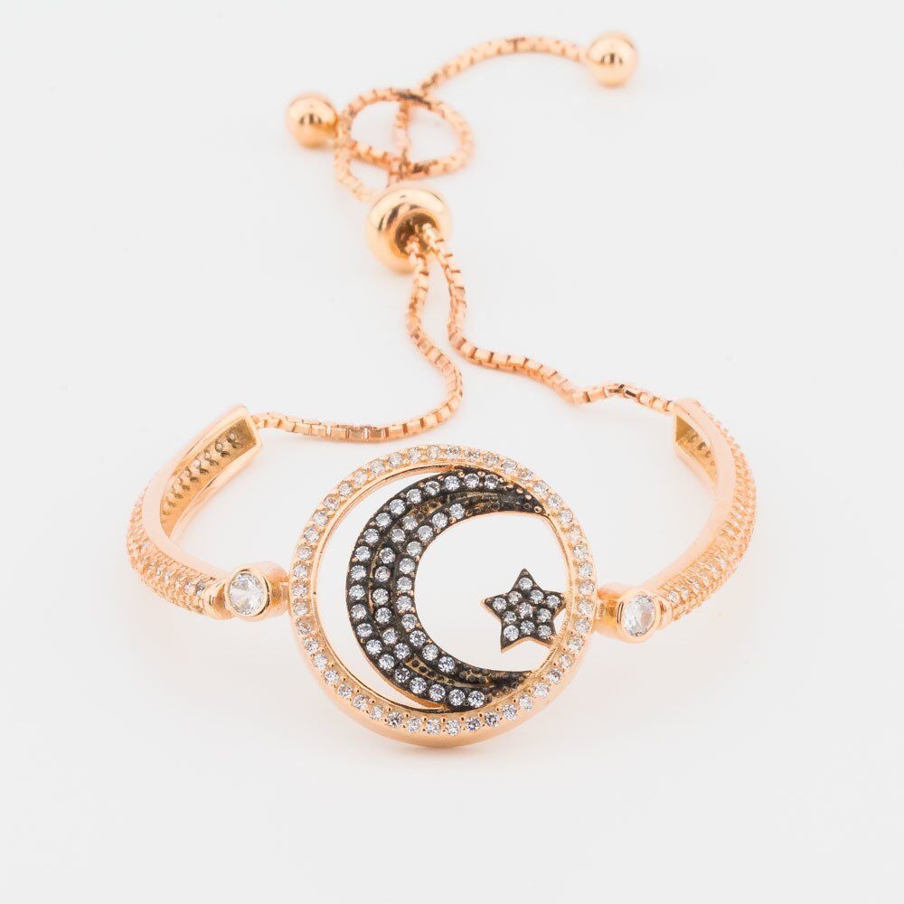 925 Ayar Gümüş  Zirkon Taşlı  Ay Yıldız Bayan  Bileklik