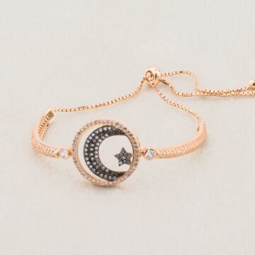 925 Ayar Gümüş  Zirkon Taşlı  Ay Yıldız Bayan  Bileklik