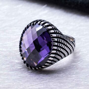 Ametist Rengi Zirkon Taşlı Erkek Gümüş Yüzük