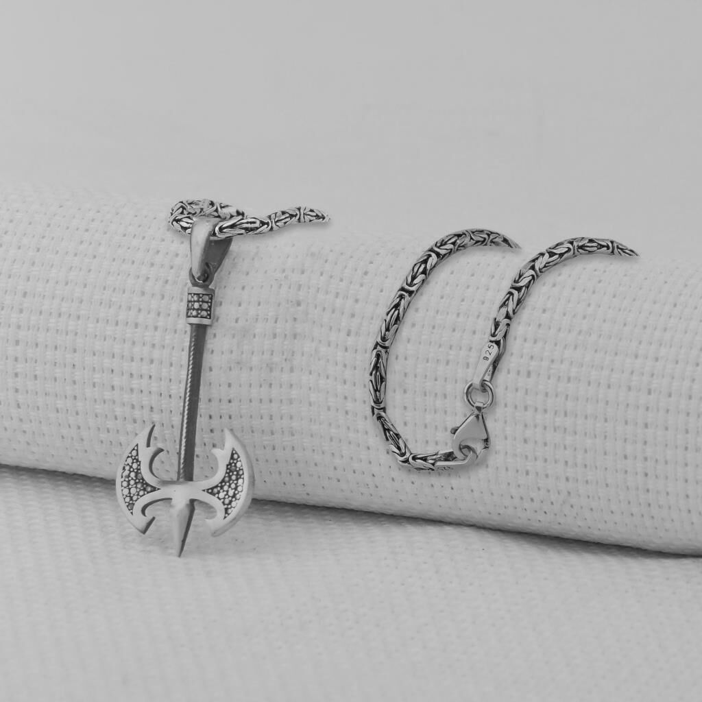 Özel Balta Tasarımlı Kalın Zincirli 925 Ayar Erkek Gümüş Kolye
