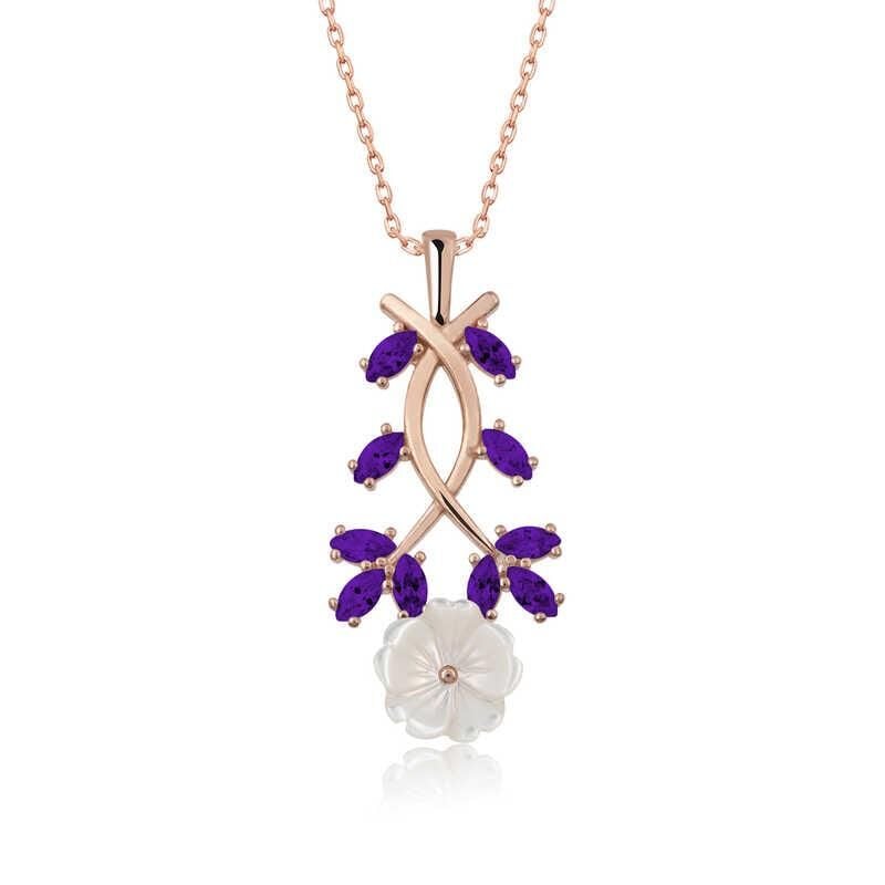 Şık Tasarımlı Mor Taşlı Çiçek Gümüş Kolye Rose Renk