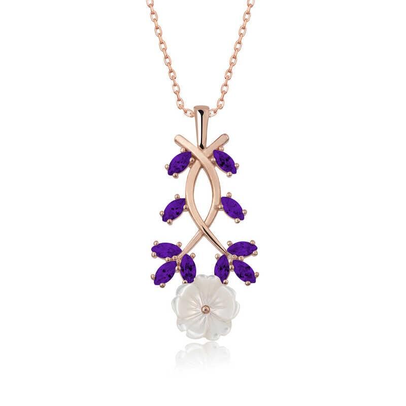 Şık Tasarımlı Mor Taşlı Çiçek Gümüş Kolye Rose Renk
