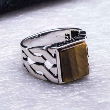 925 Ayar Gümüş Kaplan Gözü Taşlı Örgü Desenli Yüzük