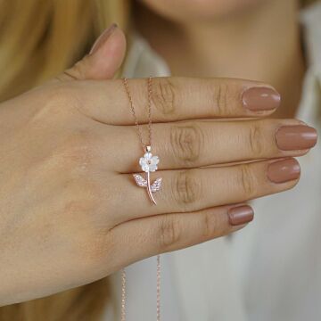 Özel Tasarım Sedef Çiçek Gümüş Kolye Rose