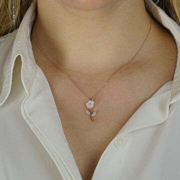 Özel Tasarım Sedef Çiçek Gümüş Kolye Rose