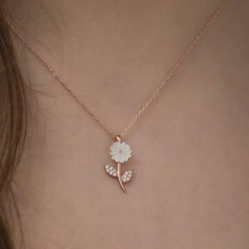 Özel Tasarım Sedef Çiçek Gümüş Kolye Rose