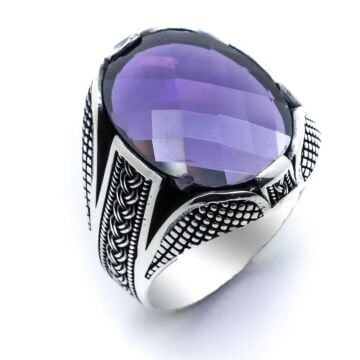 925 Ayar Gümüş Mor Zirkon Taşlı Örgü Desenli Yüzük