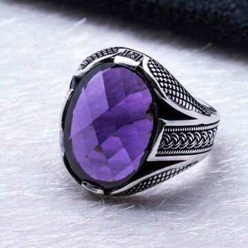 925 Ayar Gümüş Mor Zirkon Taşlı Örgü Desenli Yüzük