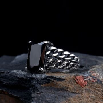 Siyah Renk Zirkon Taşlı Örgü Model Gümüş Erkek Yüzük