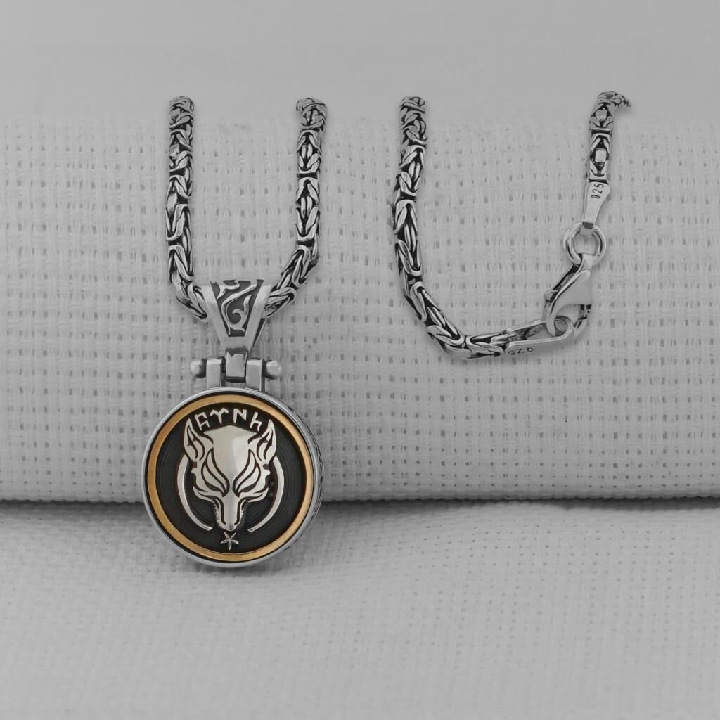 Göktürkçe Türk Yazılı Kurt Tasarımlı Kral Zincirli Ortası Dönen 925 Ayar Gümüş Kolye