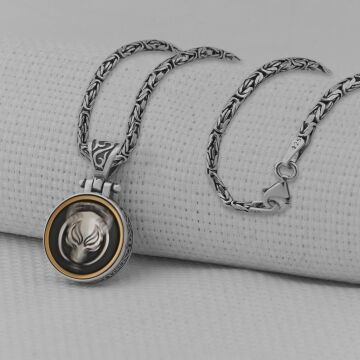 Göktürkçe Türk Yazılı Kurt Tasarımlı Kral Zincirli Ortası Dönen 925 Ayar Gümüş Kolye