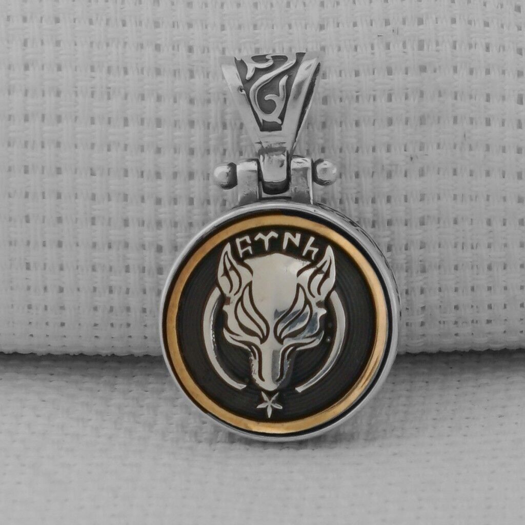 Göktürkçe Türk Yazılı Kurt Tasarımlı Ortası Dönen 925 Ayar Gümüş Kolye Ucu