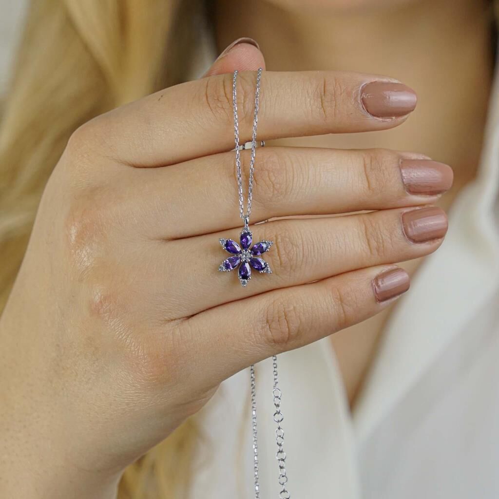 Özel Tasarım Mor Taşlı Lotus Çiçeği Gümüş Kolye