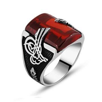 Osmanlı Tuğra Tasarımlı Kırmızı Taşlı 925 Ayar Gümüş Yüzük