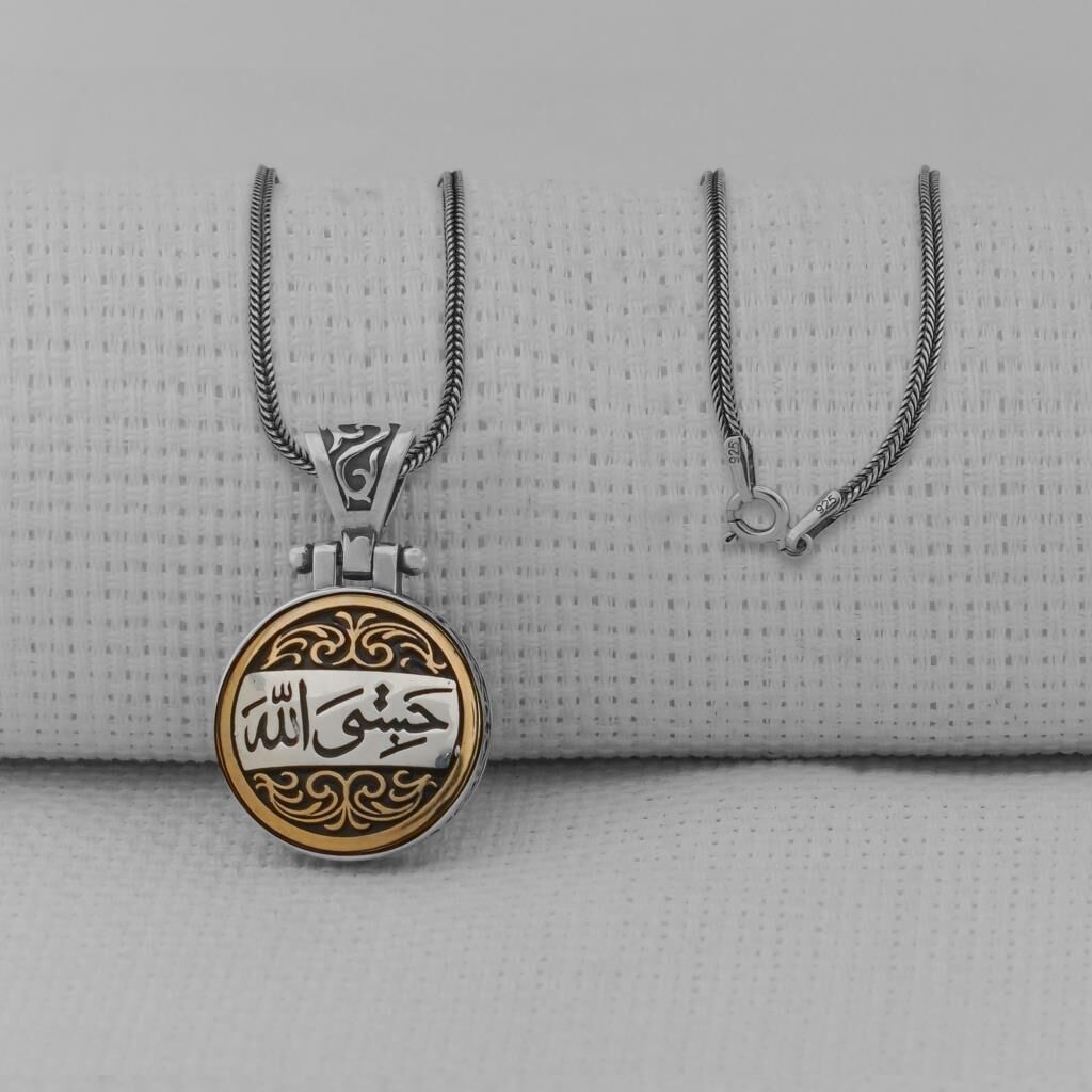 Hasbiyallah Yazılı Ortası Dönen 925 Ayar Gümüş Kolye