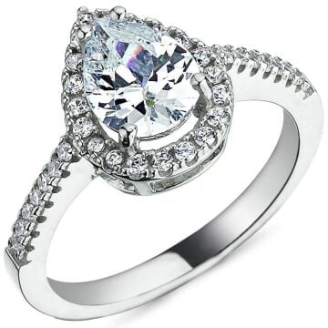 Pırlanta Tasarımlı Damla Model TekTaş Gümüş Yüzük