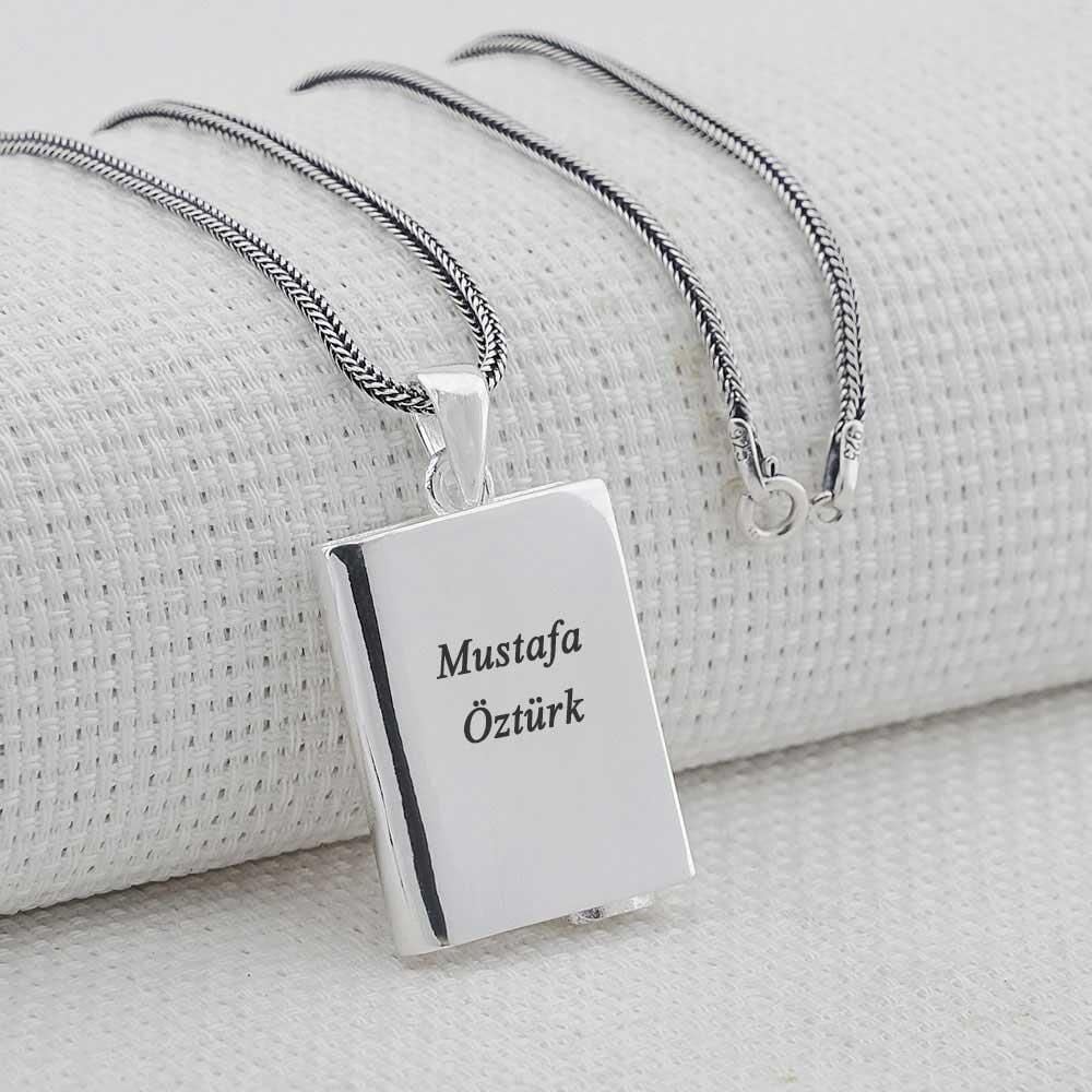Kişiye Özel Dikdörtgen Tasarımlı Parlak 925 Ayar Gümüş Cevşen Muska Kabı Kolye