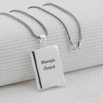 Kişiye Özel Dikdörtgen Tasarımlı Parlak 925 Ayar Gümüş Cevşen Muska Kabı Kolye