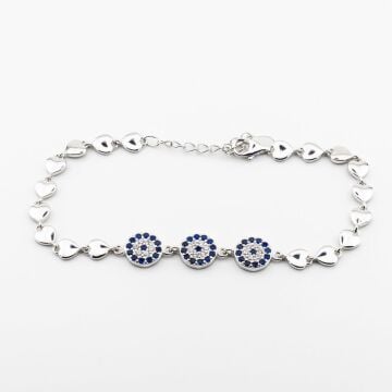 925 Ayar Gümüş Nazar ve Kalpli  Bayan Bileklik