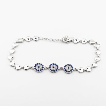 925 Ayar Gümüş Nazar ve Kalpli  Bayan Bileklik