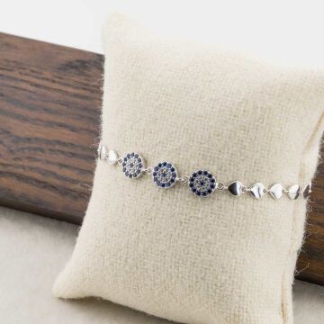 925 Ayar Gümüş Nazar ve Kalpli  Bayan Bileklik