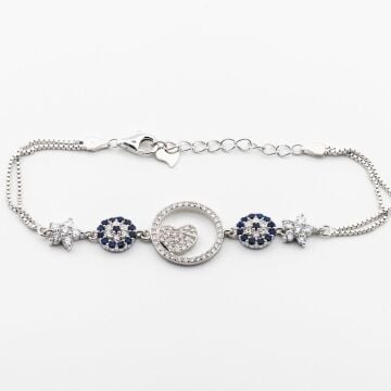 925 Ayar Gümüş  Zirkon Taşlı Nazarlı  Kalpli Bayan  Bileklik