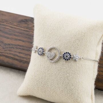 925 Ayar Gümüş  Zirkon Taşlı Nazarlı  Kalpli Bayan  Bileklik