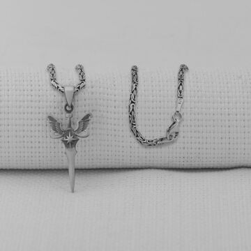 Melek Kanatlı Kılıç Tasarımlı 925 Ayar Erkek Gümüş Kolye