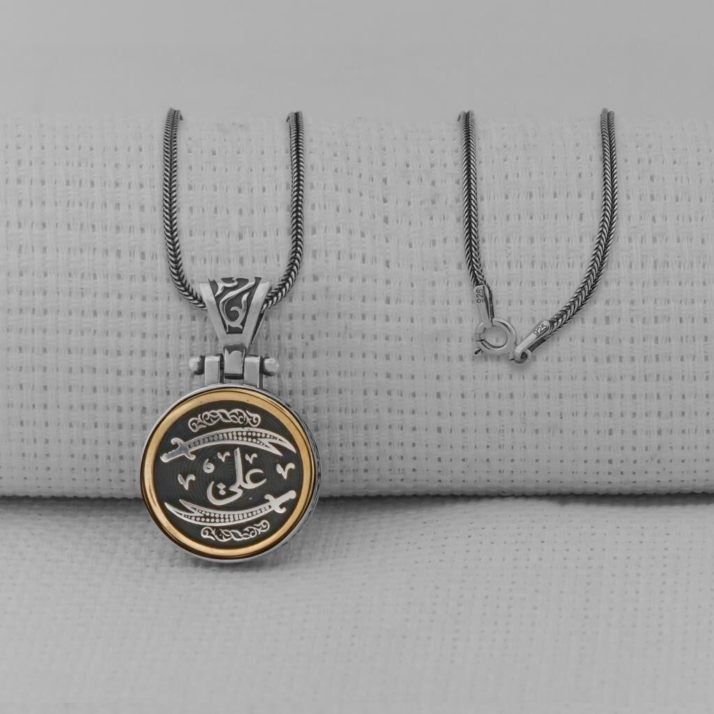 Çift Zülfikar Kılıcı Tasarımlı Ortası Dönen 925 Ayar Gümüş Kolye