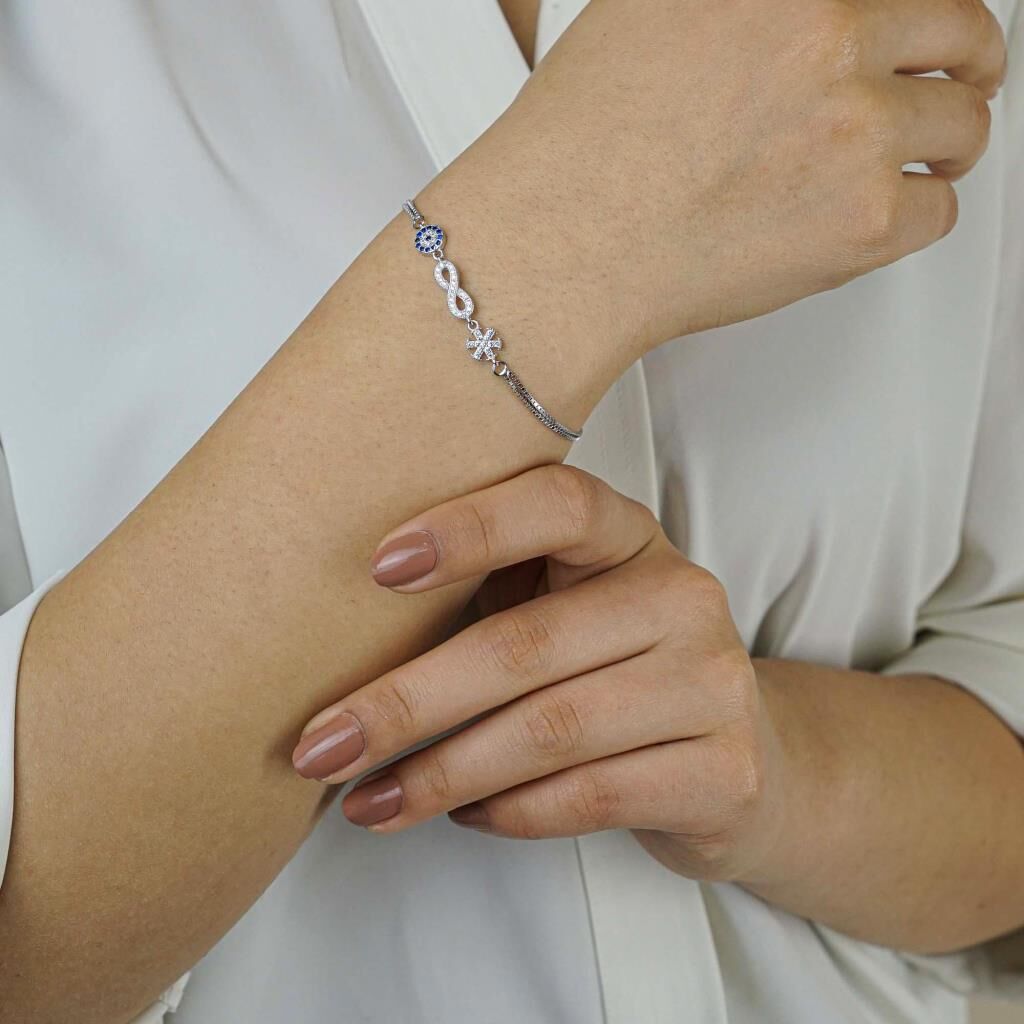 925 Ayar Gümüş Nazarlı Sonsuzluk Kar Tanesi Bayan  Bileklik