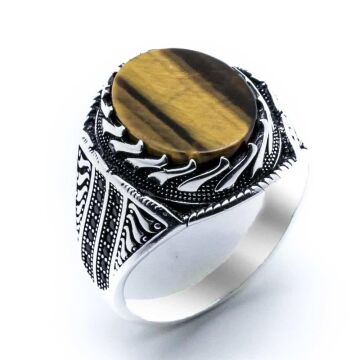 925 Ayar Gümüş Kaplan Gözü Taşlı Erkek Yüzük