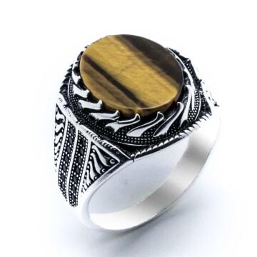 925 Ayar Gümüş Kaplan Gözü Taşlı Erkek Yüzük