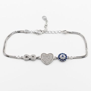 925 Ayar Gümüş Nazar Boncuklu Kalp Sonsuzluk Bayan  Bileklik